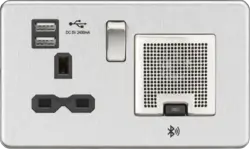 Brushed Chrome ML 13A Socket Bluetooth Speaker and Dual USB A+A (5V DC 2.4A shared) - Brushed Chrome with Black Insert - Electrical Brushed Chrome ML 13A Socket Bluetooth Speaker and Dual USB A+A (5V DC 2.4A shared) - Brushed Chrome with Black Insert Electrical