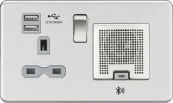 Brushed Chrome ML 13A Socket Bluetooth Speaker and Dual USB A+A (5V DC 2.4A shared) - Brushed Chrome with Grey Insert - Electrical Brushed Chrome ML 13A Socket Bluetooth Speaker and Dual USB A+A (5V DC 2.4A shared) - Brushed Chrome with Grey Insert Electrical