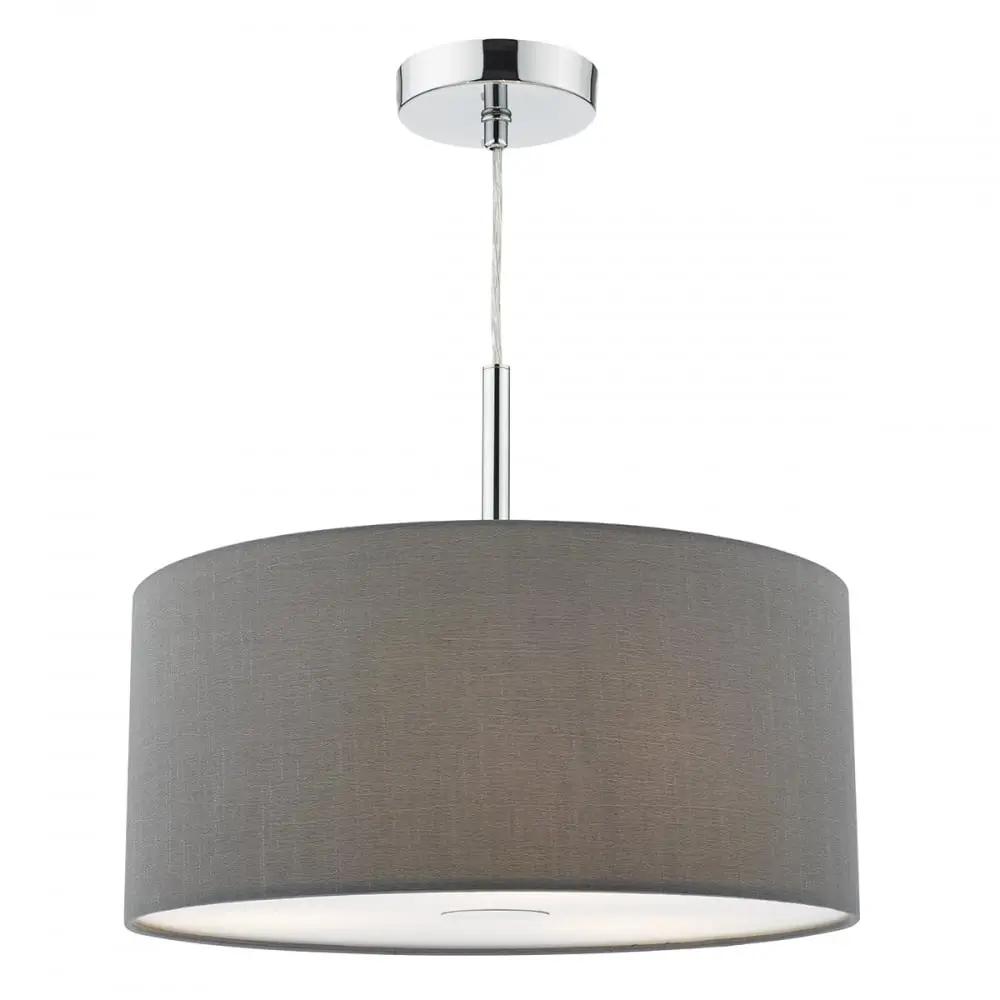 dar lighting Där Lighting Group, Dar RON1039 Ronda 3 Light Pendant 40CM Drum Grey Faux Silk - dar lighting Där Lighting Group, Dar RON1039 Ronda 3 Light Pendant 40CM Drum Grey Faux Silk