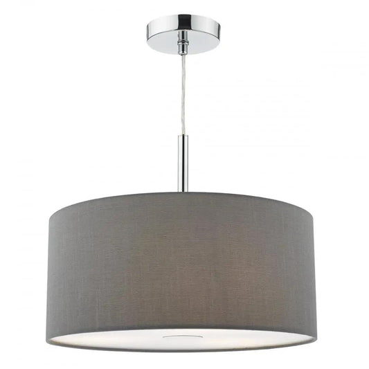 dar lighting Där Lighting Group, Dar RON1039 Ronda 3 Light Pendant 40CM Drum Grey Faux Silk - dar lighting Där Lighting Group, Dar RON1039 Ronda 3 Light Pendant 40CM Drum Grey Faux Silk