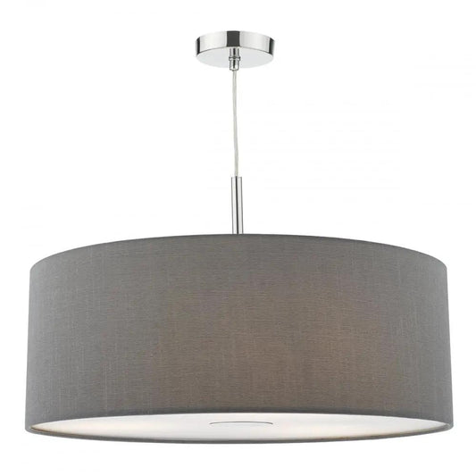 dar lighting Där Lighting Group, Dar RON1739 Ronda 3 Light Pendant 60CM Drum Grey Faux Silk - dar lighting Där Lighting Group, Dar RON1739 Ronda 3 Light Pendant 60CM Drum Grey Faux Silk