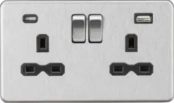 Brushed Chrome ML 13A 2G SP Switched Socket with Dual USB A+C (5V DC 4.0A shared) - Brushed Chrome with Black Insert - Electrical Brushed Chrome ML 13A 2G SP Switched Socket with Dual USB A+C (5V DC 4.0A shared) - Brushed Chrome with Black Insert Electrical