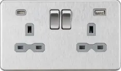 Brushed Chrome ML 13A 2G SP Switched Socket with Dual USB A+C (5V DC 4.0A shared) - Brushed Chrome with Grey Insert - Electrical Brushed Chrome ML 13A 2G SP Switched Socket with Dual USB A+C (5V DC 4.0A shared) - Brushed Chrome with Grey Insert Electrical