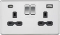 ml Polished chrome 13A 2G SP Switched Socket with Dual USB A+C (5V DC 4.0A shared) - Polished Chrome with Black Insert - ml Polished chrome 13A 2G SP Switched Socket with Dual USB A+C (5V DC 4.0A shared) - Polished Chrome with Black Insert