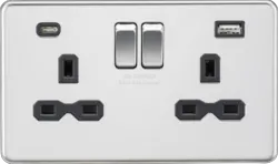 ml Polished chrome 13A 2G SP Switched Socket with Dual USB A+C (5V DC 4.0A shared) - Polished Chrome with Black Insert - ml Polished chrome 13A 2G SP Switched Socket with Dual USB A+C (5V DC 4.0A shared) - Polished Chrome with Black Insert
