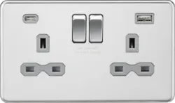 ml Polished chrome 13A 2G SP Switched Socket with Dual USB A+C (5V DC 4.0A shared) - Polished Chrome with Grey Insert - ml Polished chrome 13A 2G SP Switched Socket with Dual USB A+C (5V DC 4.0A shared) - Polished Chrome with Grey Insert