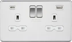 ml Polished chrome 13A 2G SP Switched Socket with Dual USB A+C (5V DC 4.0A shared) - Polished Chrome with White Insert - ml Polished chrome 13A 2G SP Switched Socket with Dual USB A+C (5V DC 4.0A shared) - Polished Chrome with White Insert