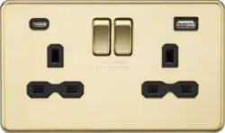 ML Polished Brass 13A 2G SP Switched Socket with Dual USB A+C (5V DC 4.0A shared) - Polished Brass with Black Insert - ML Polished Brass 13A 2G SP Switched Socket with Dual USB A+C (5V DC 4.0A shared) - Polished Brass with Black Insert