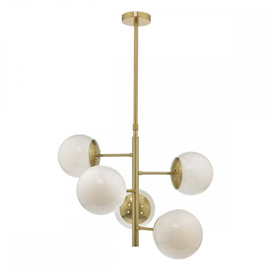 dar lighting Där Lighting Group, Dar BOM0535 Bombazine 5 Light Pendant Natural Brass Opal Glass - dar lighting Där Lighting Group, Dar BOM0535 Bombazine 5 Light Pendant Natural Brass Opal Glass