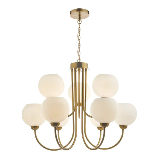 dar lighting Där Lighting Group Dar IND1335 Indra 9 Light Pendant Natural Brass With Opal Glass - dar lighting Där Lighting Group Dar IND1335 Indra 9 Light Pendant Natural Brass With Opal Glass