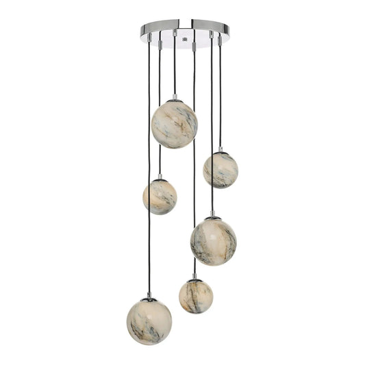 dar lighting Där Lighting Group, Dar MIK0650 Mikara 6 Light Cluster Pendant Marble Effect Glass And Polished Chrome - dar lighting Där Lighting Group, Dar MIK0650 Mikara 6 Light Cluster Pendant Marble Effect Glass And Polished Chrome