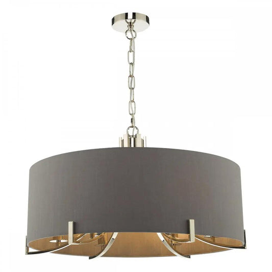 dar lighting Där Lighting Group, Dar VEY0639 Veyron 6 Light Pendant Polished Nickel With Grey Shade - dar lighting Där Lighting Group, Dar VEY0639 Veyron 6 Light Pendant Polished Nickel With Grey Shade