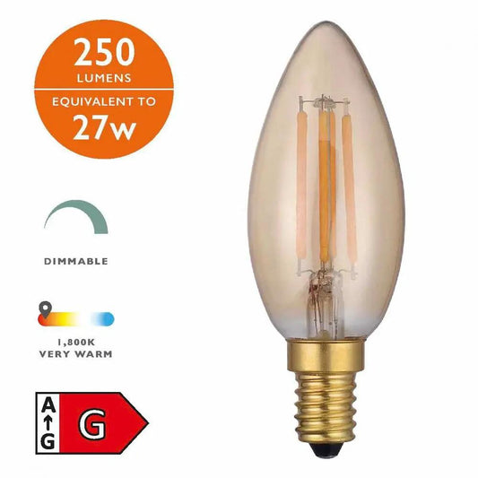 dar lighting Där Lighting Group, BUL-E14-LEDV-1-I E14 Vintage Candle 4w LED Single Bulb Very Warm Dimmable - dar lighting Där Lighting Group, BUL-E14-LEDV-1-I E14 Vintage Candle 4w LED Single Bulb Very Warm Dimmable