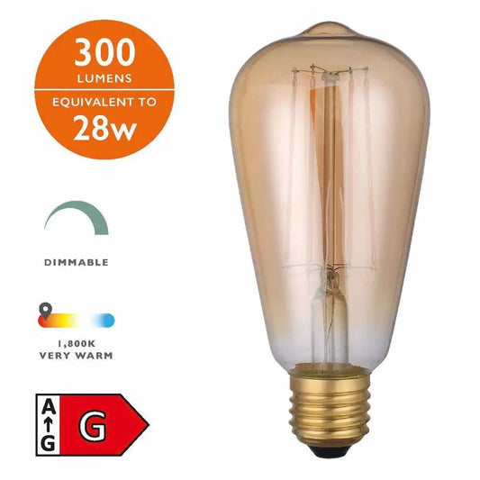 dar lighting Där Lighting Group, BUL-E27-LEDV-1-I E27 Vintage Rustika 4w LED Single Bulb Very Warm Dimmable - dar lighting Där Lighting Group, BUL-E27-LEDV-1-I E27 Vintage Rustika 4w LED Single Bulb Very Warm Dimmable