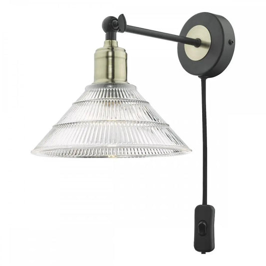 dar lighting Där Lighting Group, BOY0775 Boyd Single Wall Light Antique Brass And Matt Black With Ribbed Glass Shade - Plug In - dar lighting Där Lighting Group, BOY0775 Boyd Single Wall Light Antique Brass And Matt Black With Ribbed Glass Shade - Plug In