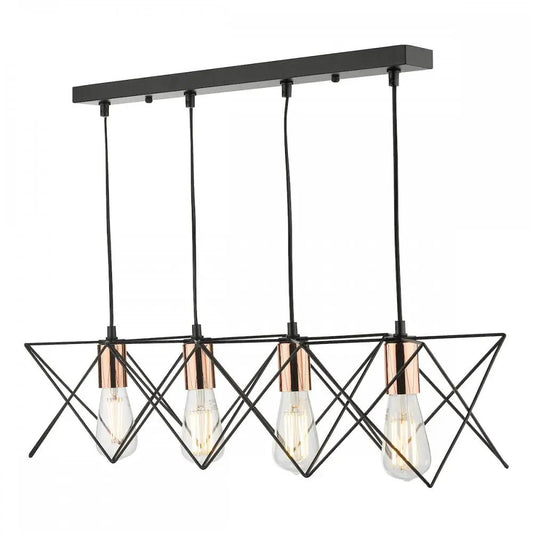 dar lighting Där Lighting Group, MID0422 Midi 4 Light Bar Pendant Black And Bright Copper Detail - dar lighting Där Lighting Group, MID0422 Midi 4 Light Bar Pendant Black And Bright Copper Detail