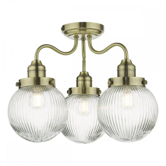 dar lighting Där Lighting Group, TAM5375-IP44 Tamara 3 Light Bathroom Semi Flush Antique Brass Ribbed Glass - dar lighting Där Lighting Group, TAM5375-IP44 Tamara 3 Light Bathroom Semi Flush Antique Brass Ribbed Glass