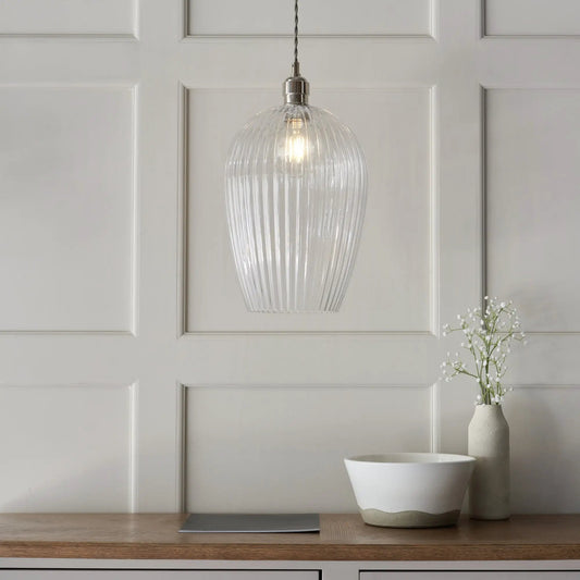 dar lighting Endon, 103675 Pendant 1 Light Bright Nickel Plate And Clear Ribbed Glass - dar lighting Endon, 103675 Pendant 1 Light Bright Nickel Plate And Clear Ribbed Glass