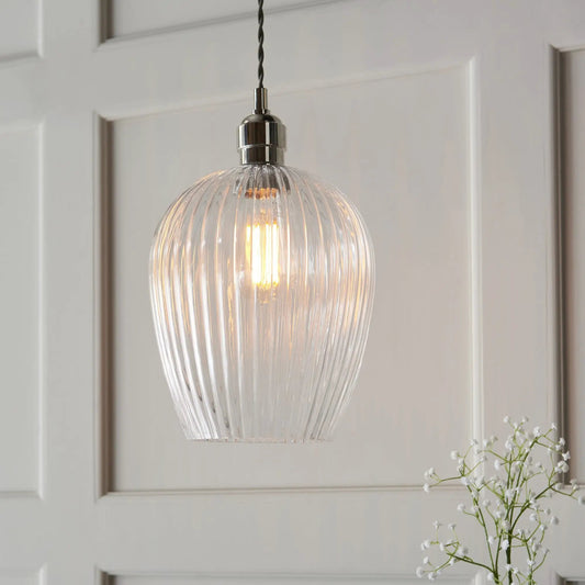 dar lighting Endon, 103676 Pendant 1 Light Bright Nickel Plate And Clear Ribbed Glass - dar lighting Endon, 103676 Pendant 1 Light Bright Nickel Plate And Clear Ribbed Glass