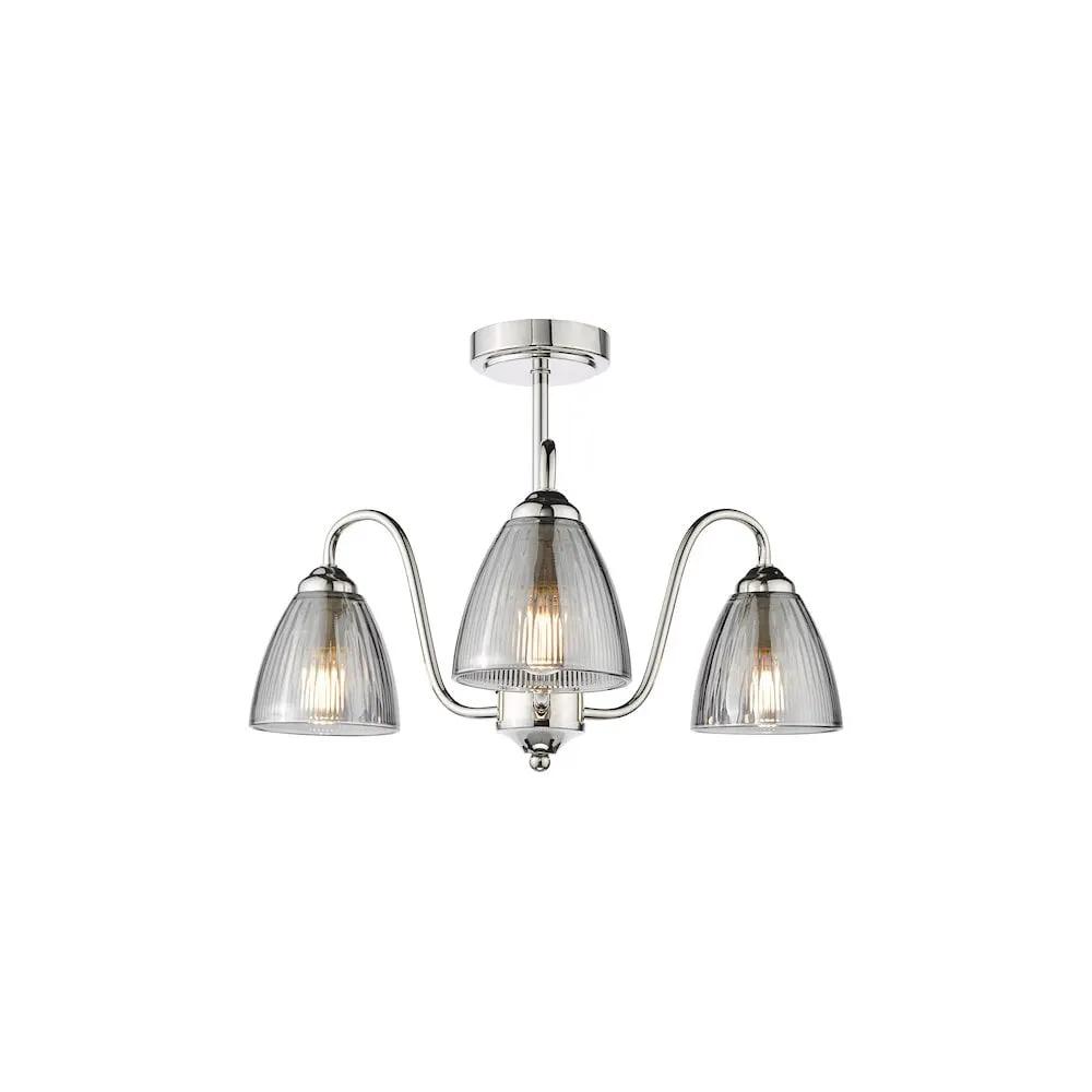 dar lighting Där Lighting Group, GLY5338 Glynis 3 Light Semi-Flush Polished Nickel and Smoked Ribbed Glass - dar lighting Där Lighting Group, GLY5338 Glynis 3 Light Semi-Flush Polished Nickel and Smoked Ribbed Glass
