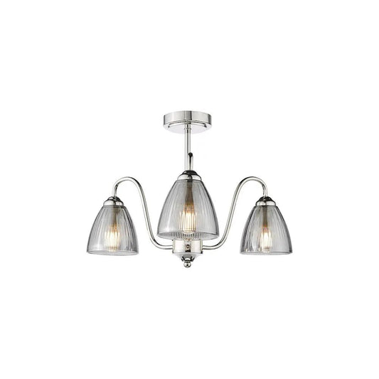 dar lighting Där Lighting Group, GLY5338 Glynis 3 Light Semi-Flush Polished Nickel and Smoked Ribbed Glass - dar lighting Där Lighting Group, GLY5338 Glynis 3 Light Semi-Flush Polished Nickel and Smoked Ribbed Glass