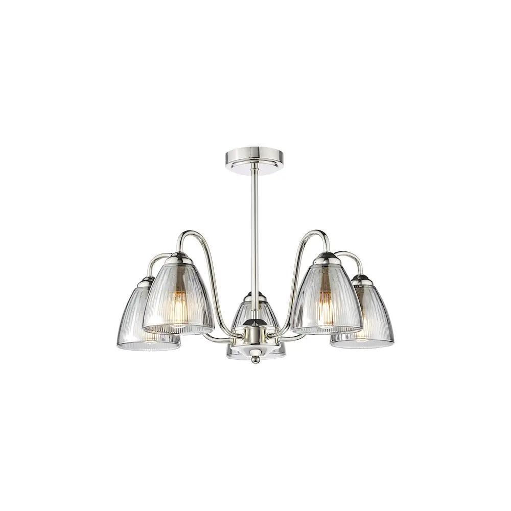 dar lighting Där Lighting Group, GLY5438 Glynis 5 Light Semi-Flush Polished Nickel and Smoked Ribbed Glass - dar lighting Där Lighting Group, GLY5438 Glynis 5 Light Semi-Flush Polished Nickel and Smoked Ribbed Glass
