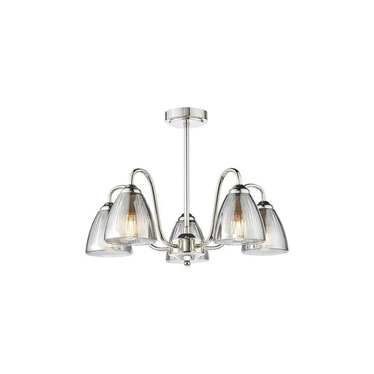 dar lighting Där Lighting Group, GLY5438 Glynis 5 Light Semi-Flush Polished Nickel and Smoked Ribbed Glass - dar lighting Där Lighting Group, GLY5438 Glynis 5 Light Semi-Flush Polished Nickel and Smoked Ribbed Glass