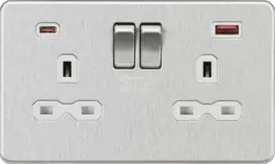 Brushed Chrome ML 13A 2G DP Switched Socket with Dual USB A+C 20V DC 2.25A (Max. 45W) - Brushed Chrome w/White Insert - Electrical Brushed Chrome ML 13A 2G DP Switched Socket with Dual USB A+C 20V DC 2.25A (Max. 45W) - Brushed Chrome w/White Insert Electrical