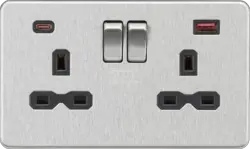Brushed Chrome ML 13A 2G DP Switched Socket with Dual USB A+C 20V DC 2.25A (Max. 45W) - Brushed Chrome w/Black Insert - Electrical Brushed Chrome ML 13A 2G DP Switched Socket with Dual USB A+C 20V DC 2.25A (Max. 45W) - Brushed Chrome w/Black Insert Electrical