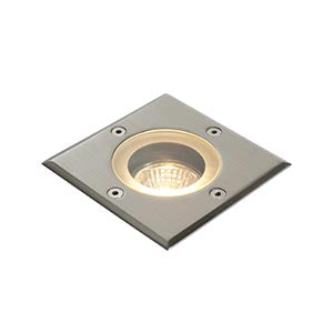 Square recessed LED ground light with stainless steel finish, ideal for outdoor lighting solutions