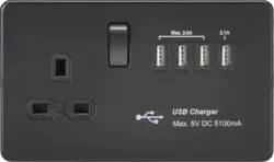 ml matt black 13A Switched Socket with Quad USB-A (5V DC 5.1A shared) - Matt Black with Black Insert - ml matt black 13A Switched Socket with Quad USB-A (5V DC 5.1A shared) - Matt Black with Black Insert