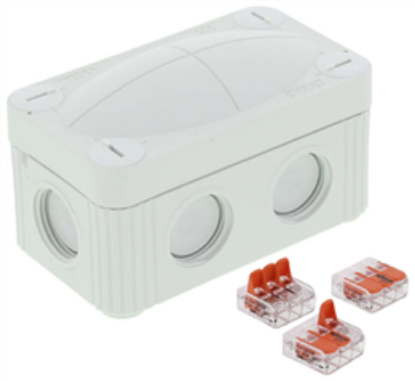 Grey adaptable PVC junction box with orange Wago connectors for electrical wiring