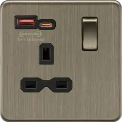 Antique Brass 13A 1G Switched Socket with dual USB A+C [18W FASTCHARGE] - Antique Brass - Antique Brass 13A 1G Switched Socket with dual USB A+C [18W FASTCHARGE] - Antique Brass