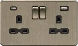 Antique Brass 13A 2G SP Switched Socket with dual USB C+A 5V DC 4.0A [shared] - Antique Brass - Antique Brass 13A 2G SP Switched Socket with dual USB C+A 5V DC 4.0A [shared] - Antique Brass