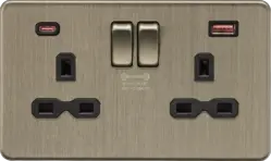 Antique Brass 13A 2G DP Switched Socket with Dual USB A+C 20V DC 2.25A (Max. 45W) - Antique Brass - Antique Brass 13A 2G DP Switched Socket with Dual USB A+C 20V DC 2.25A (Max. 45W) - Antique Brass