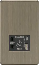 Antique Brass Shaver socket with dual USB A+C (5V DC 2.4A shared) - Antique Brass - Antique Brass Shaver socket with dual USB A+C (5V DC 2.4A shared) - Antique Brass