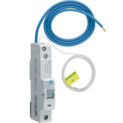 Single pole B-curve RCBO safety circuit breaker with blue and white wires, electrical accessory