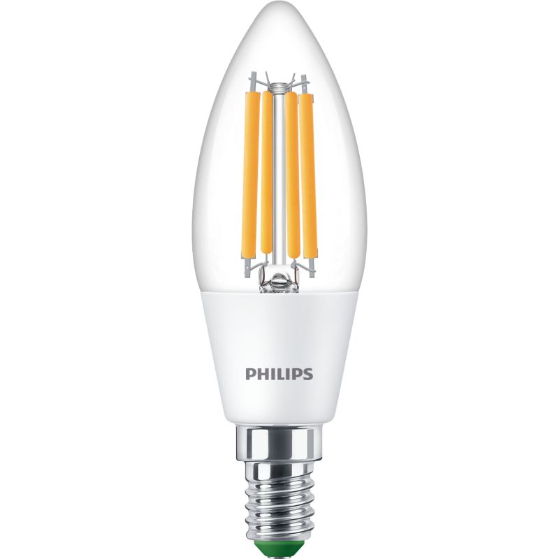 Candle LED light bulb with E14 screw cap and clear glass, suitable for home lighting.