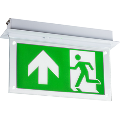 Recessed LED emergency exit sign with upward arrow and running man icon on green background