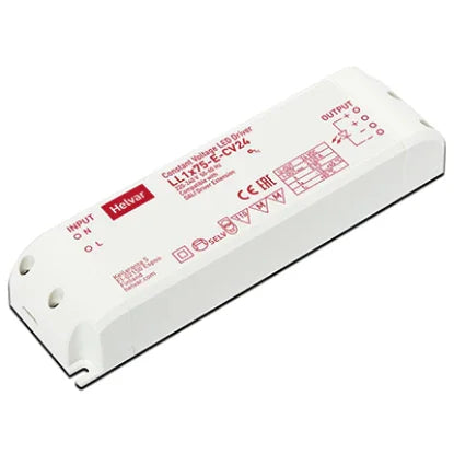 Constant voltage LED driver for lighting installations, white rectangular casing, input and output labels visible.
