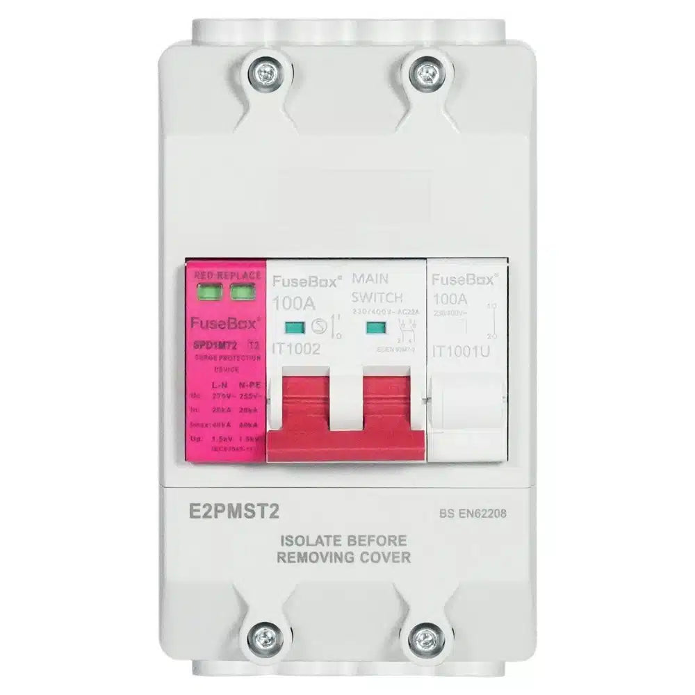 100A Two Pole Main Switch And Type 2 Surge Protector Enclosed IP20 Indoor Protection Module by Fusebox