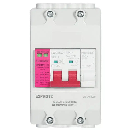100A Two Pole Main Switch And Type 2 Surge Protector Enclosed IP20 Indoor Protection Module by Fusebox