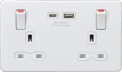 ml matt white 13A 2G DP Socket Dual USB A+C Metal Outboard Rockers with Red Flash - Matt White w/white insert - Electrical ml matt white 13A 2G DP Socket Dual USB A+C Metal Outboard Rockers with Red Flash - Matt White w/white insert Electrical