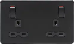 ml matt black 13A 2G DP Switched Socket Metal Outboard Rockers with Red Flash - Matt Black w/black insert - ml matt black 13A 2G DP Switched Socket Metal Outboard Rockers with Red Flash - Matt Black w/black insert