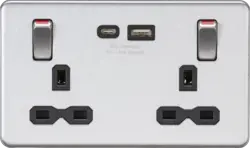 Brushed Chrome ML 13A 2G DP Socket Dual USB A+C Metal Outboard Rockers with Red Flash - Brushed Chrome w/black insert - Electrical Brushed Chrome ML 13A 2G DP Socket Dual USB A+C Metal Outboard Rockers with Red Flash - Brushed Chrome w/black insert Electrical