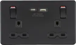 ml matt black 13A 2G DP Socket Dual USB A+C Metal Outboard Rockers with Red Flash - Matt Black w/black insert - ml matt black 13A 2G DP Socket Dual USB A+C Metal Outboard Rockers with Red Flash - Matt Black w/black insert