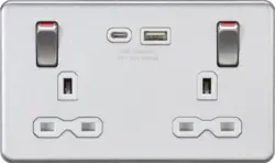 Brushed Chrome ML 13A 2G DP Socket Dual USB A+C Metal Outboard Rockers with Red Flash - Brushed Chrome w/white insert - Electrical Brushed Chrome ML 13A 2G DP Socket Dual USB A+C Metal Outboard Rockers with Red Flash - Brushed Chrome w/white insert Electrical