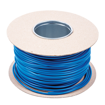 Blue 3mm PVC electrical sleeving on a cardboard reel for wiring and cable protection