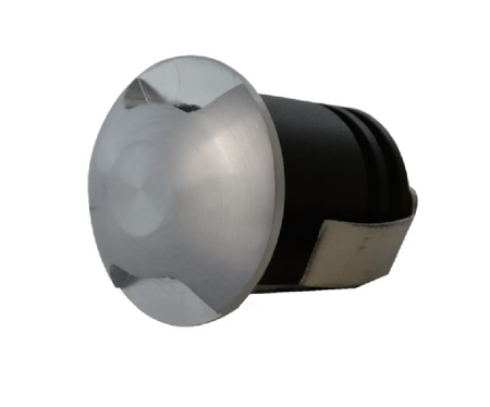 Round recessed LED step light with brushed metal finish for indoor or outdoor lighting