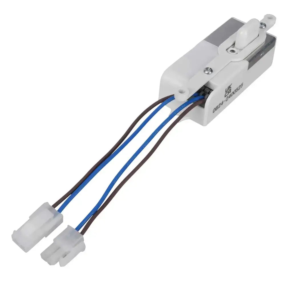 White electrical micro switch with blue and brown wires and two plug connectors